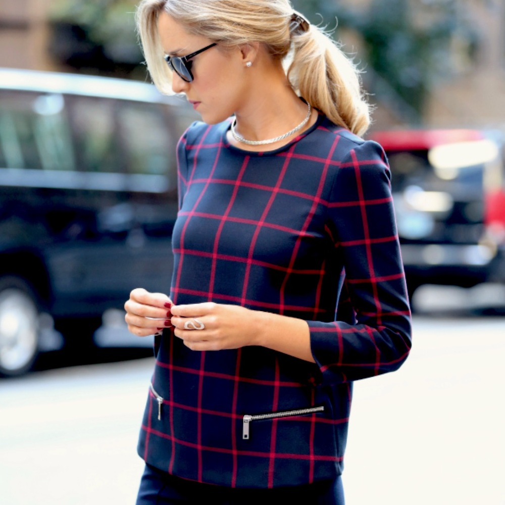 NEW Zara Woman Grid Windowpane Plaid Print Round Neck Jacket Top Navy Blue Red S